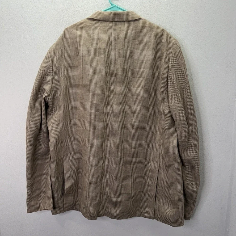Ralph Lauren Sport Coat Blazer Mens Size 48 L Tan 100% Linen Summer Jacket Plaid